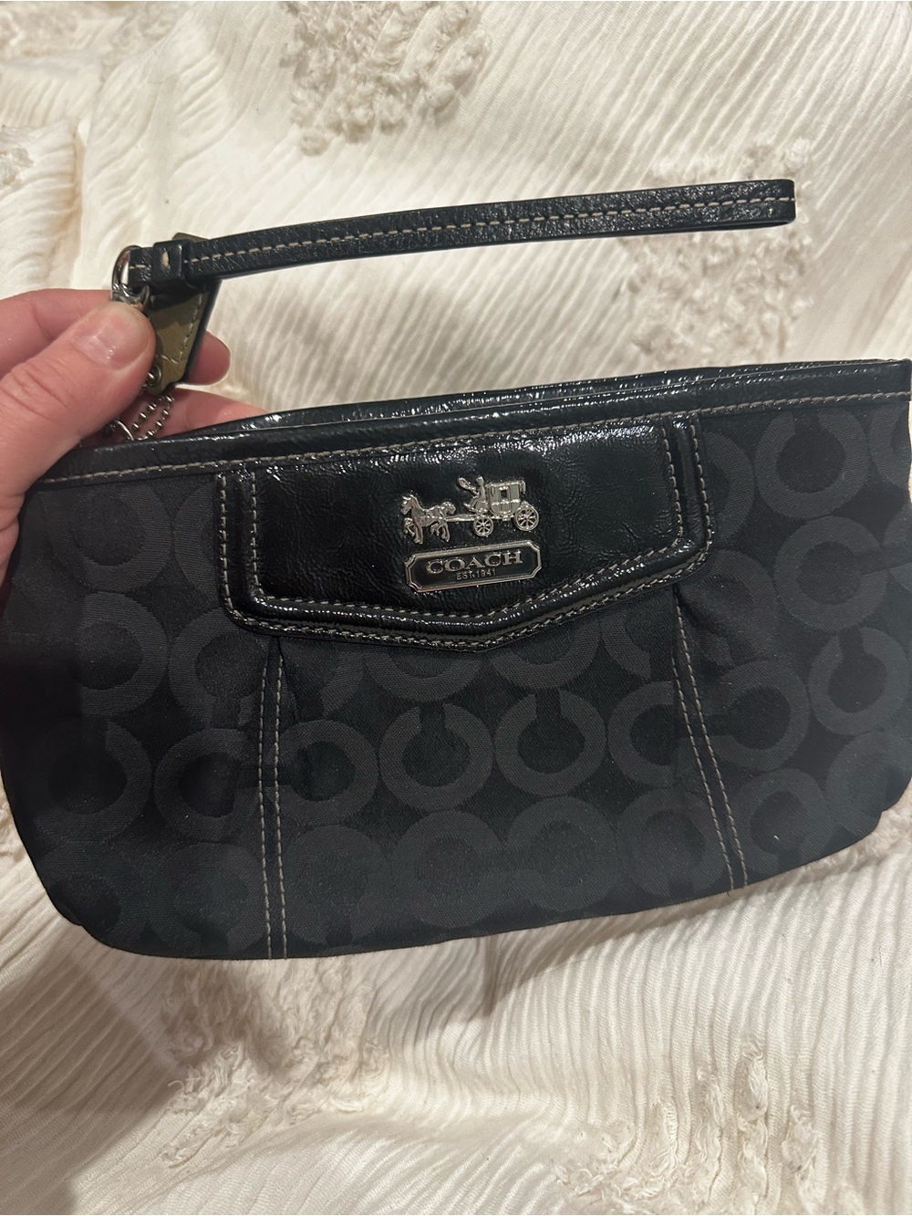 Coach Black Signature Wristlet with Silver Horse & Carriage Plaque